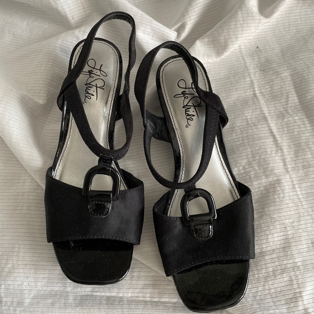 Great Lifestride wedge heel Black Patton and satin shoes
